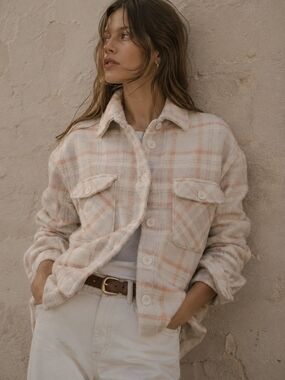 TWIK by Simons Plaid Oversized Shacket – Cream Beige & Soft Peach – Size S